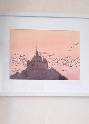 Картина акварель " мон сен-мишель. волшебный закат"