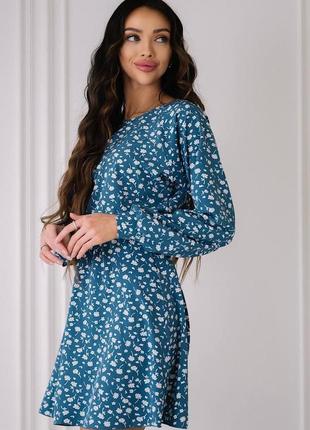 Сукня коротка з квітковим принтом на довгий рукав якісна стильна трендова синя чорна2 фото