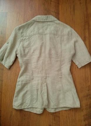Дизайнерский летний льняной бежевый натуральный пиджак жакет с коротким рукавом3 фото