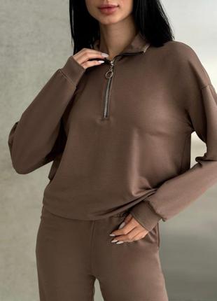 Костюм спортивний жіночий однотонний оверсайз кофта на блискавці штани джогери на високій посадці з кишенями якісний шоколад2 фото