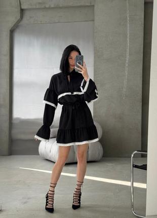 Сукня коротка чорна на довгий рукав з мереживом на зав'язці якісна стильна трендова2 фото