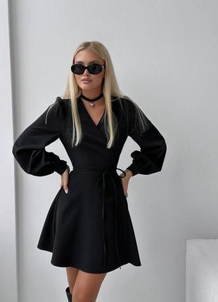 Сукня коротка однотонна на довгий рукав на запах якісна стильна трендова чорна хакі3 фото