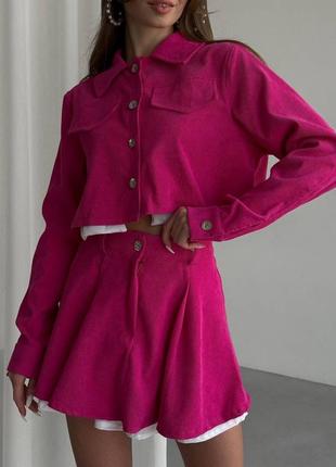 Ефектний оригінальний жіночий костюм укорочений піджак і спідниця міні з підкладкою стильний вельветовий комплект