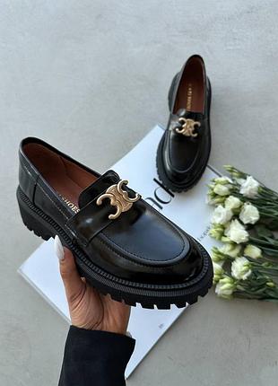Туфли лоферы натуральная кожа лак селин на высокой подошве тракторной массивной