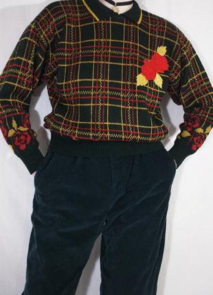 Вінтажний новий светр-поло з 80-х pursuits (з вишивкою, аплікацією, в клітинку, зелений, теплий, базовий, з трояндами, мері джейн)6 фото