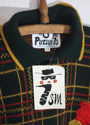 Вінтажний новий светр-поло з 80-х pursuits (з вишивкою, аплікацією, в клітинку, зелений, теплий, базовий, з трояндами, мері джейн)2 фото