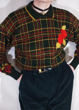 Вінтажний новий светр-поло з 80-х pursuits (з вишивкою, аплікацією, в клітинку, зелений, теплий, базовий, з трояндами, мері джейн)3 фото