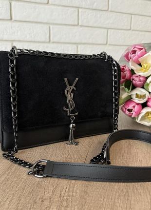 Стильная женская мини сумочка клатч ysl с цепочкой, маленькая сумка с венчиком брелком черная люкс качество3 фото