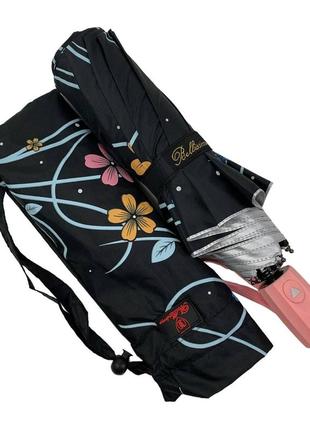 Зонтик черный с цветами и серебром внутри розовая ручка