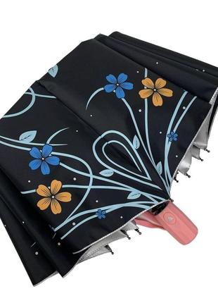 Зонтик черный с цветами и серебром внутри розовая ручка