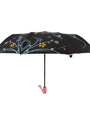 Зонтик черный с цветами и серебром внутри розовая ручка