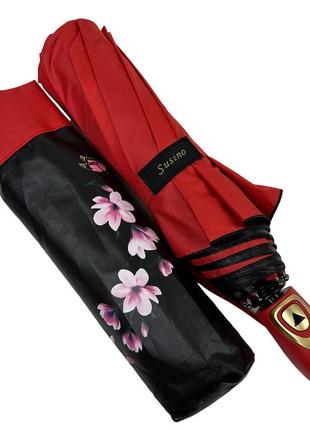 Жіноча парасоля напівавтомат з малюнком квітів всередині від susino на 9 спиць антивітер, червоний, sys0127-42 фото