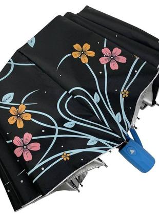 Зонтик черный с цветами и серебром внутри голубая ручка2 фото