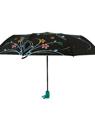 Зонтик черный с цветами и серебром внутри голубая ручка3 фото