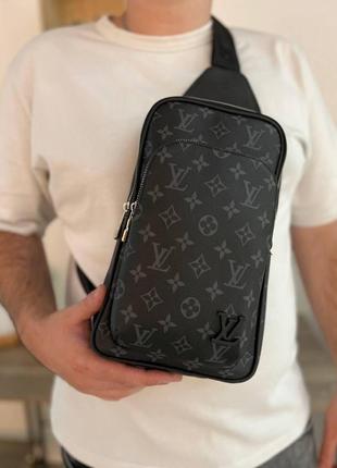 Мужская сумка слинг луи витон нагрудная туристическая louis vuitton кожаная через плечо деловая сумка черная3 фото