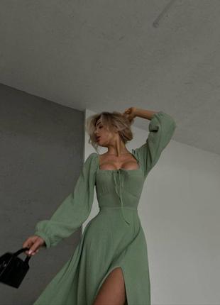 Зелена оливкова жіноча муслінова сукня міді з розрізом довга ніжна сукня  муслін з шнурівкою на спині8 фото
