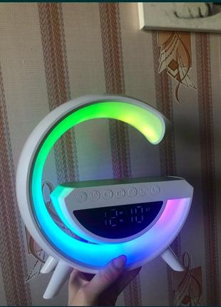 Настільна смарт гугл лампа, нічник вт-3401 rgb rainbow light-wireless happy light 3 bluetooth колонкою + бездротова зарядка біла