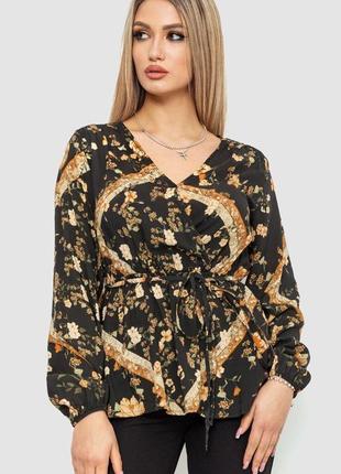 Блуза з квітковим принтом, колір чорно-коричневий, 244r2448