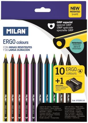 Карандаши цветные 10 цветов с точилкой milan ergo