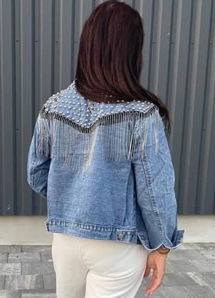 Куртка джинсова коротка з бахромою блакитна