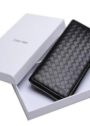 Чоловічий шкіряний гаманець клатч на блискавці calvin klein чорне портмоне з натуральної шкіри в подарунковому пакованні