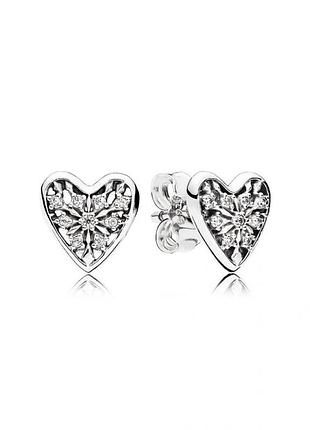 Серьги зимнее сердце pаndora с камнями серебро 925, сережки, гвоздики