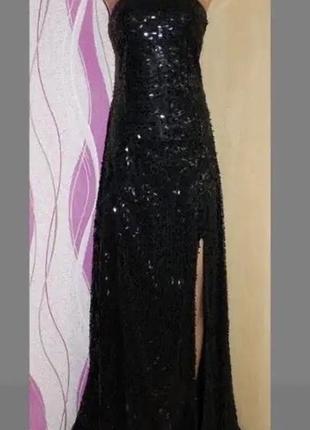 Черное длинное переливающееся вечернееплатье в пол в пайетки с разрезом xs-s2 фото