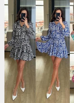 Трендова сукня міні з пишною спідницею принтоване плаття софт з коміром4 фото
