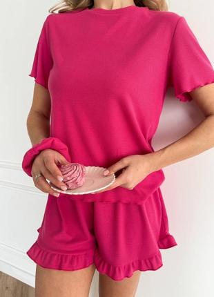 Домашній костюм футболка + шорти і резинка для волосся🍃 жіноча піжама в рубчик літня