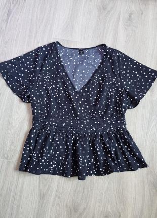 Чорна літня блуза блузка в горох з баскою на запах від shein xl4 фото