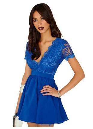 Missguided новое платье синее с гипюром гипюровое кружево свободное с глубоким вырезом6 фото