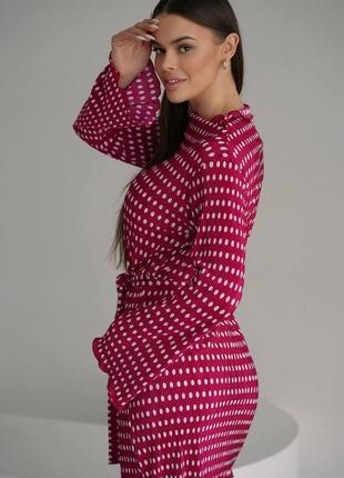 Красива трикотажна сукня у гороховий принт з поясом з довгими рукавами з турецького матеріалу трикотаж гафре4 фото