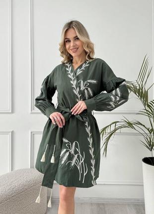 Колоритна сукня на запах з вишитими колосками, українська сукня вишиванка з поясом, етно плаття з вишивкою в українському стилі7 фото