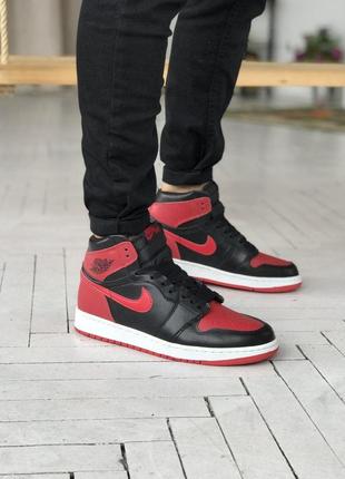 Nike jordan retro 1 кожаные мужские кроссовки найк джордан черно красный цвет (40-45)