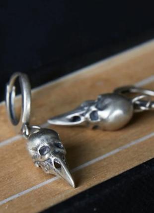 Серебряная унисекс мужская серьга череп скандинавский ворон винтаж
