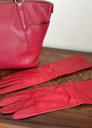 Довгі шкіряні перчатки рукавички червоні італія1 фото
