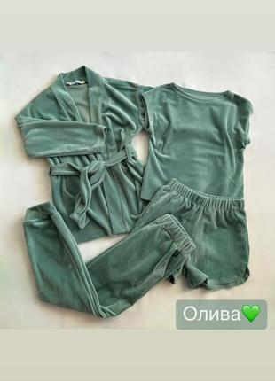 Домашній велюровий комплект четвірка халат футболка штани шорти