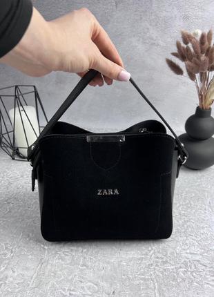 Кожаная женская сумка zara черная женская замшевая сумочка на плечо зара в подарочной упаковке3 фото