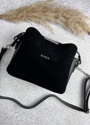 Кожаная женская сумка zara черная женская замшевая сумочка на плечо зара в подарочной упаковке9 фото
