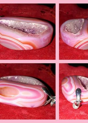 Эффектный крупный кулон подвеска натуральный камень жеода розовый агат7 фото