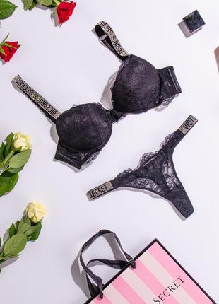 Комплект жіночої спідньої білизни victoria's secret rhinestone з push-up набір білизни вікторія сікрет чорний1 фото