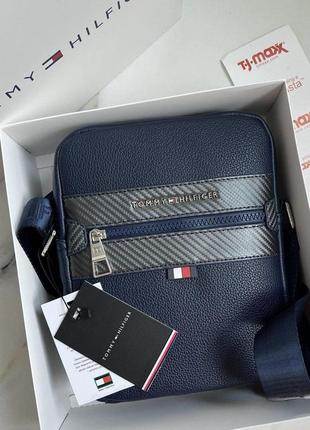 Мужская сумка через плечо tommy hilfiger синий брендовая барсетка с плечевым ремнем в подарочной упаковке3 фото