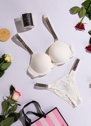 Комплект женского нижнего белья victoria's secret rhinestone white с push-up набор белья виктория сикрет белый