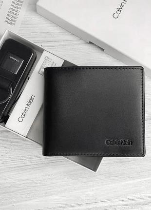 Кожаный кошелек мужской черный calvin klein подарок мужчине брендовый подарочный набор из натуральной кожи