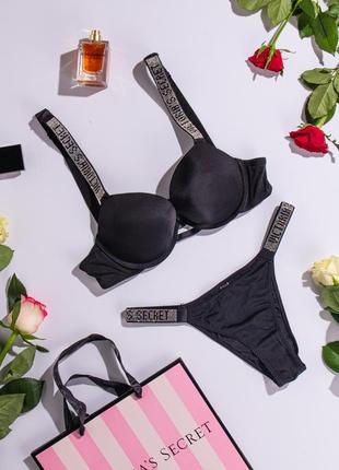 Комплект женского нижнего белья victoria's secret rhinestone с push-up набор белья виктория сикрет черный1 фото