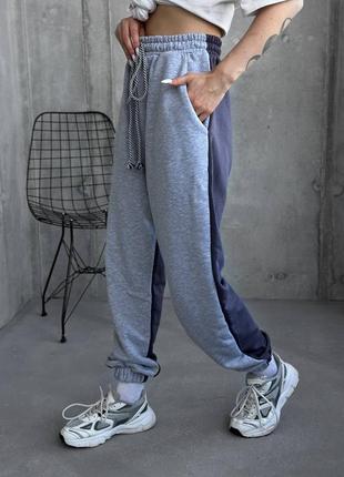 Двокольорові спортивні штани джоггери з резинкою та шнурком в поясі з кішенями з манжетами на резинці8 фото
