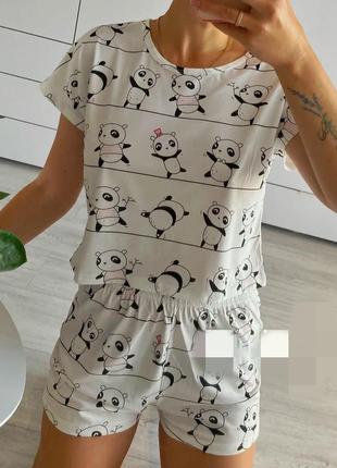 Жіноча піжама домашній костюм футболка коротка шорти панда панды весёлые панды