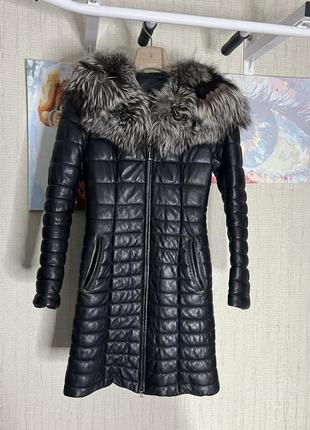 Шкіряна куртка пальто натуральне хутро чорнобурки