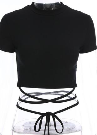 Черная укороченная футболка, кроп топ с завязками5 фото