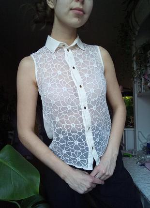 Кружевная блузка в цветочек, белая блузка сеткой, блуща майка, блуза рубашка, блузка на пуговицах4 фото